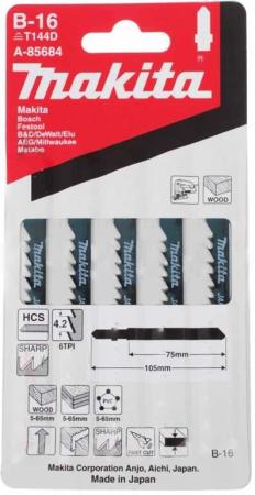 

Пилка для лобзика MAKITA A-85684 B-16 дерево, быстро, 105мм, шаг 4.0-5.2, HCS, 5шт.