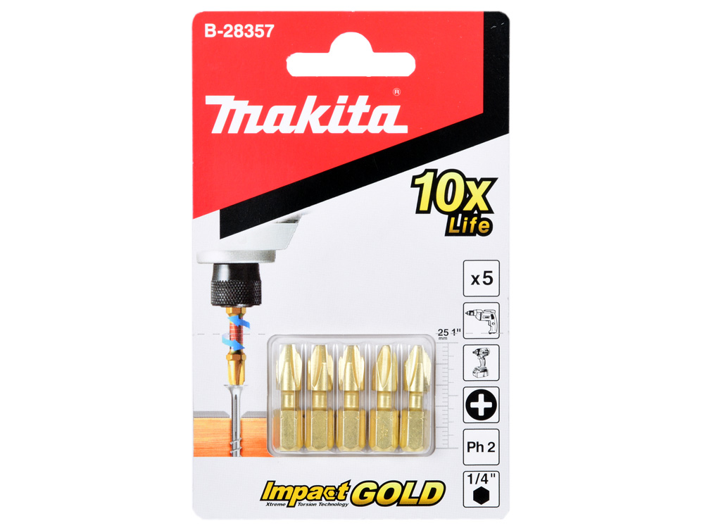 

Бита Makita Рh2, хв-6-ти гран 1\4", 25мм,5шт,Impact Gold,д\уд шуруповертов