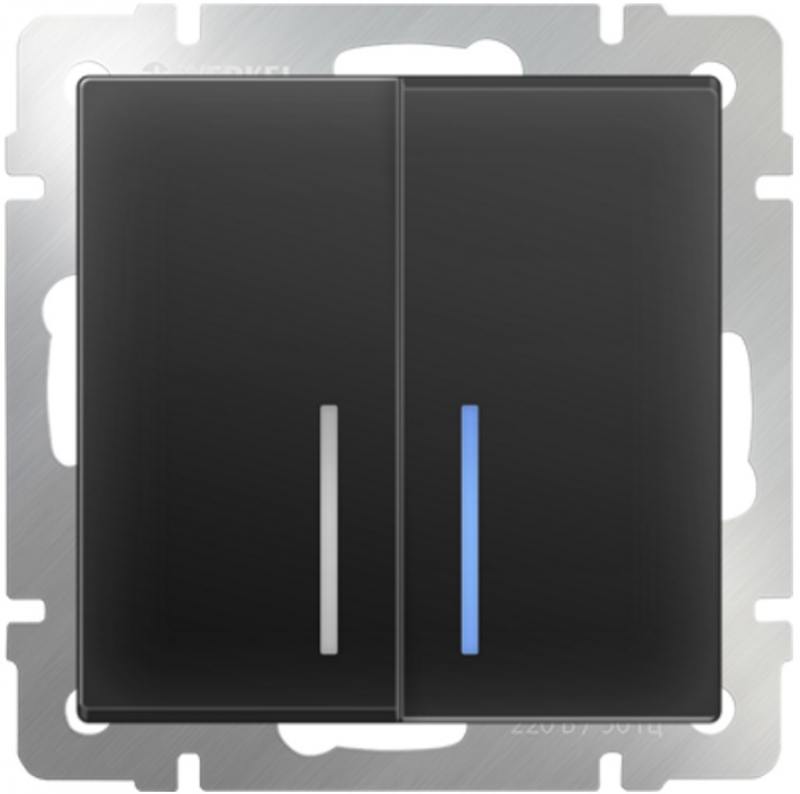 

Выключатель двухклавишный с подсветкой черный матовый WL08-SW-2G-LED 4690389054198