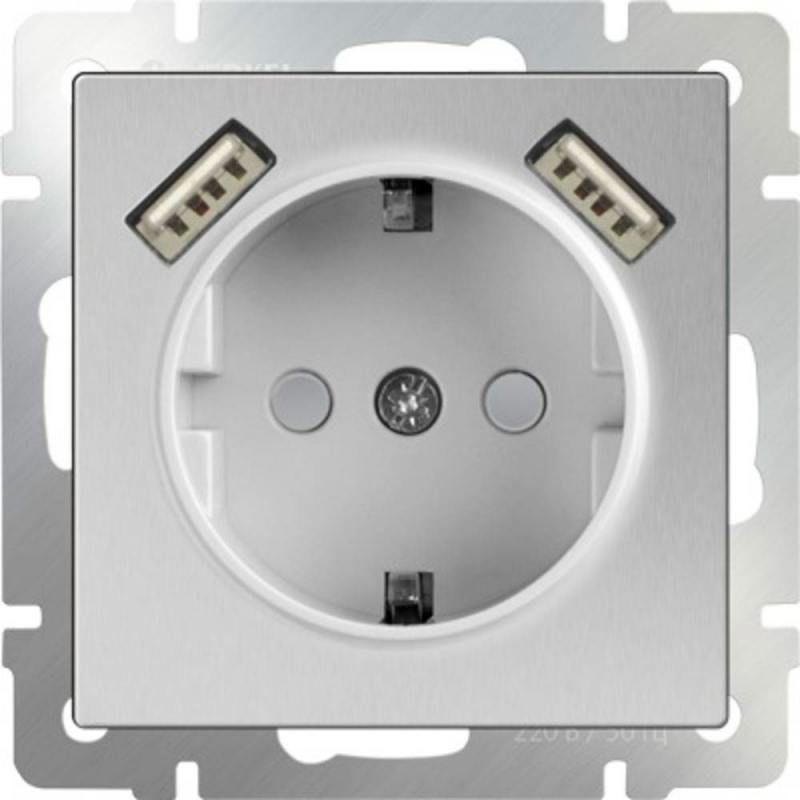 

Розетка с заземлением, шторками и USBх2 серебряный WL06-SKGS-USBx2-IP20 4690389073212