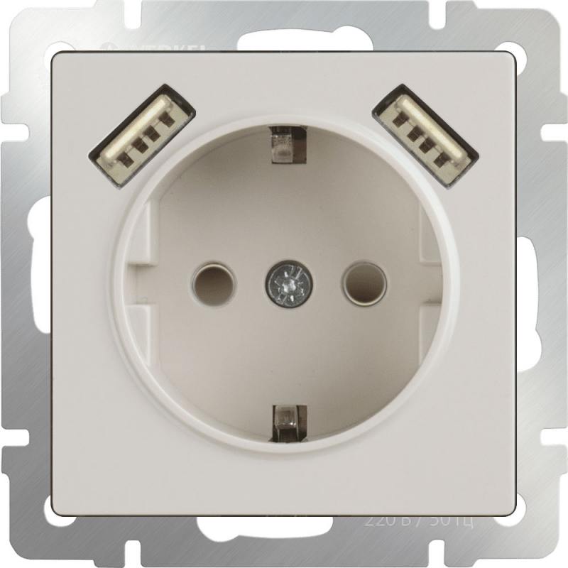 

Розетка с заземлением, шторками и USBx2 слоновая кость WL03-SKGS-USBx2-IP20 4690389073205