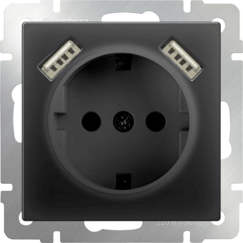 

Розетка с заземлением, шторками и USBx2 черный матовый WL08-SKGS-USBx2-IP20 4690389073236