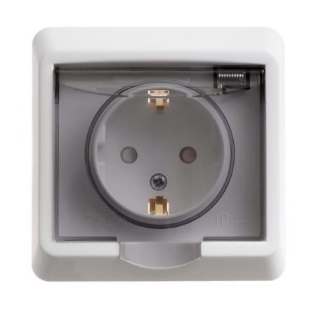 

Розетка PC16-044b Этюд 1-местная, скрытой проводки, IP44, с заземлением, защитные шторки, белая