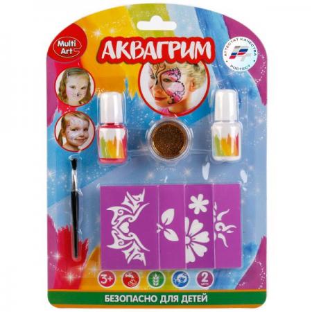 Аквагрим & Тату MultiArt: блестки, кисточка, 4 трафарета для тату, 2 краски на блистере в кор.4*24шт