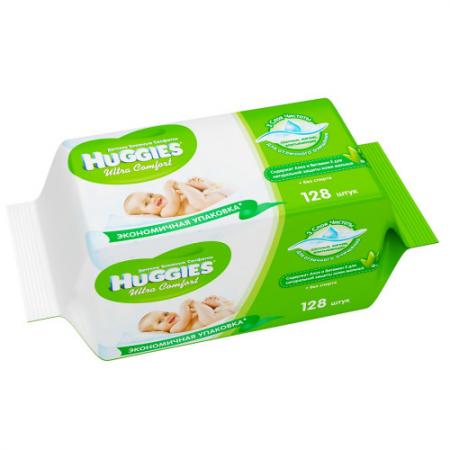 

HUGGIES Салфетки влажные детские Ультра Комфорт Алоэ Дуо 2*64шт