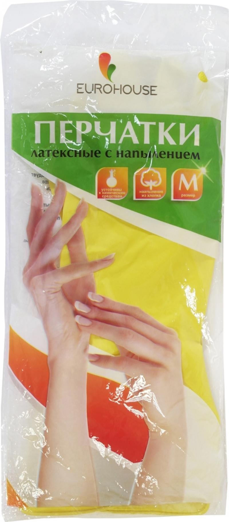 

Перчатки хозяйственные EURO HOUSE, латексные, х/б напыление, M